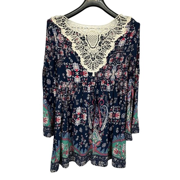 Entro Floral Boho Dress Mini Relaxed Navy Blue Bell Long Sleeve Babydoll Small - Picture 3 of 9